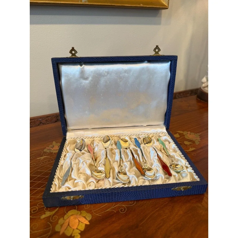 Vintage‎ Norwegian Sterling Silver Enamel Demitasse Spoon Set with Box